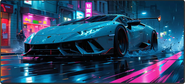 Neon Burnout muismat met supersportwagen in neon nachtstad, perfect voor gaming setups
